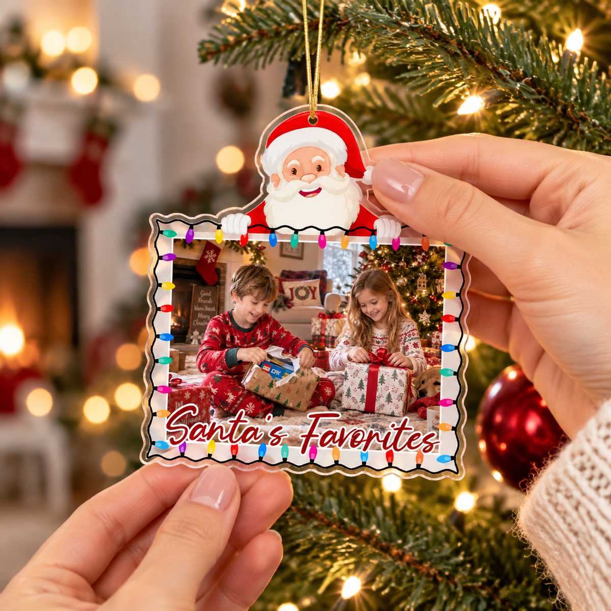 Personalized Christmas Acrylic Ornament – Custom Photo String Lights Design, Holiday Tree Decoration Gift for Family