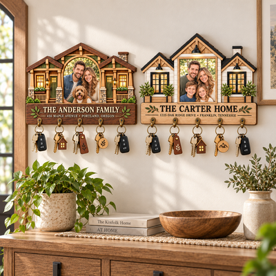 Personalized Photo Wooden Key Holder, Custom Family Key Rack, Wall Mount Key Hanger, Housewarming New Home Gift