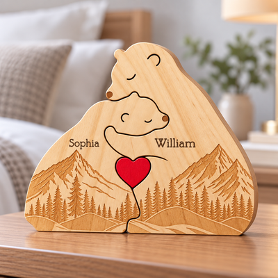 Personalized Wooden Bear Family Puzzle, Custom Name Bear Family Keepsake, Engraved Mountain Forest Decor, Gift for Family