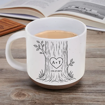 Carved Initials In A Heart Tree Couple - Personalized Pottery Mug