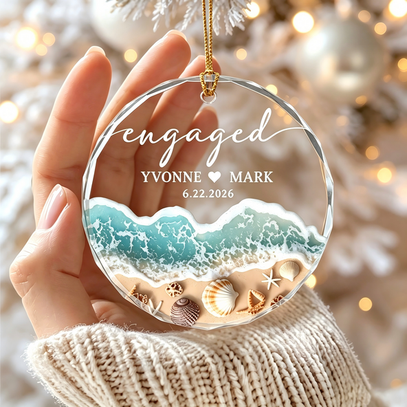 Personalized Beach Engaged Married Glass Ornament