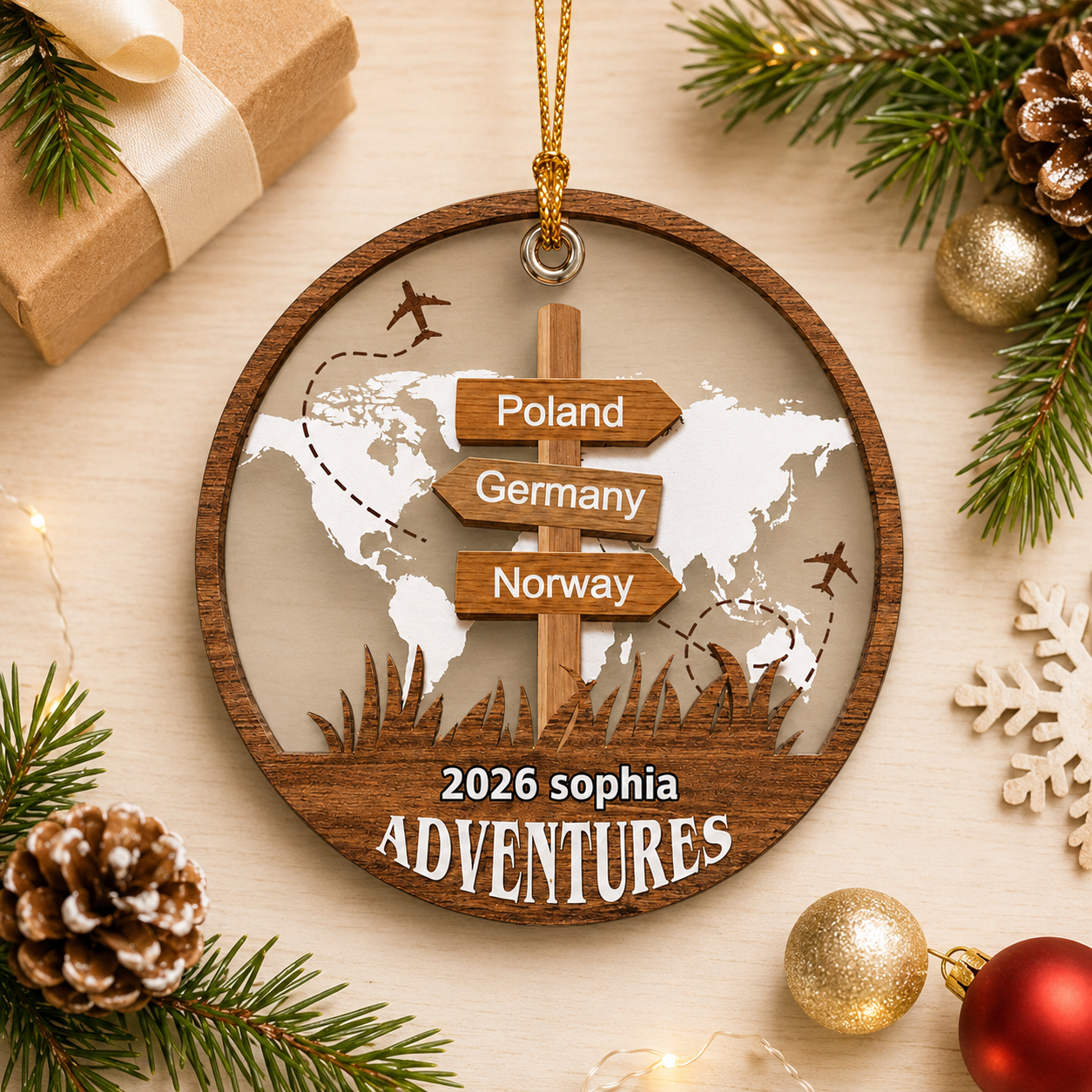 Personalized Travel Adventure Ornament, Custom Traveling Destination Ornament