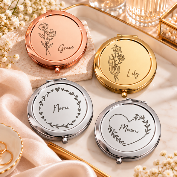 Personalized Compact Mirror – Custom Laser Engraved Stainless Steel Pocket Mirror, Bridesmaid Gift & Personalized Keepsake for Her