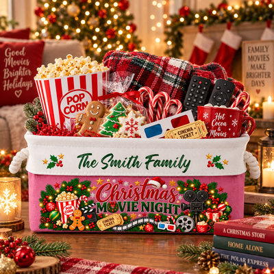 Christmas Movie Night Basket - Supplies Snack Storage Basket With Handles - Personalized Storage Basket