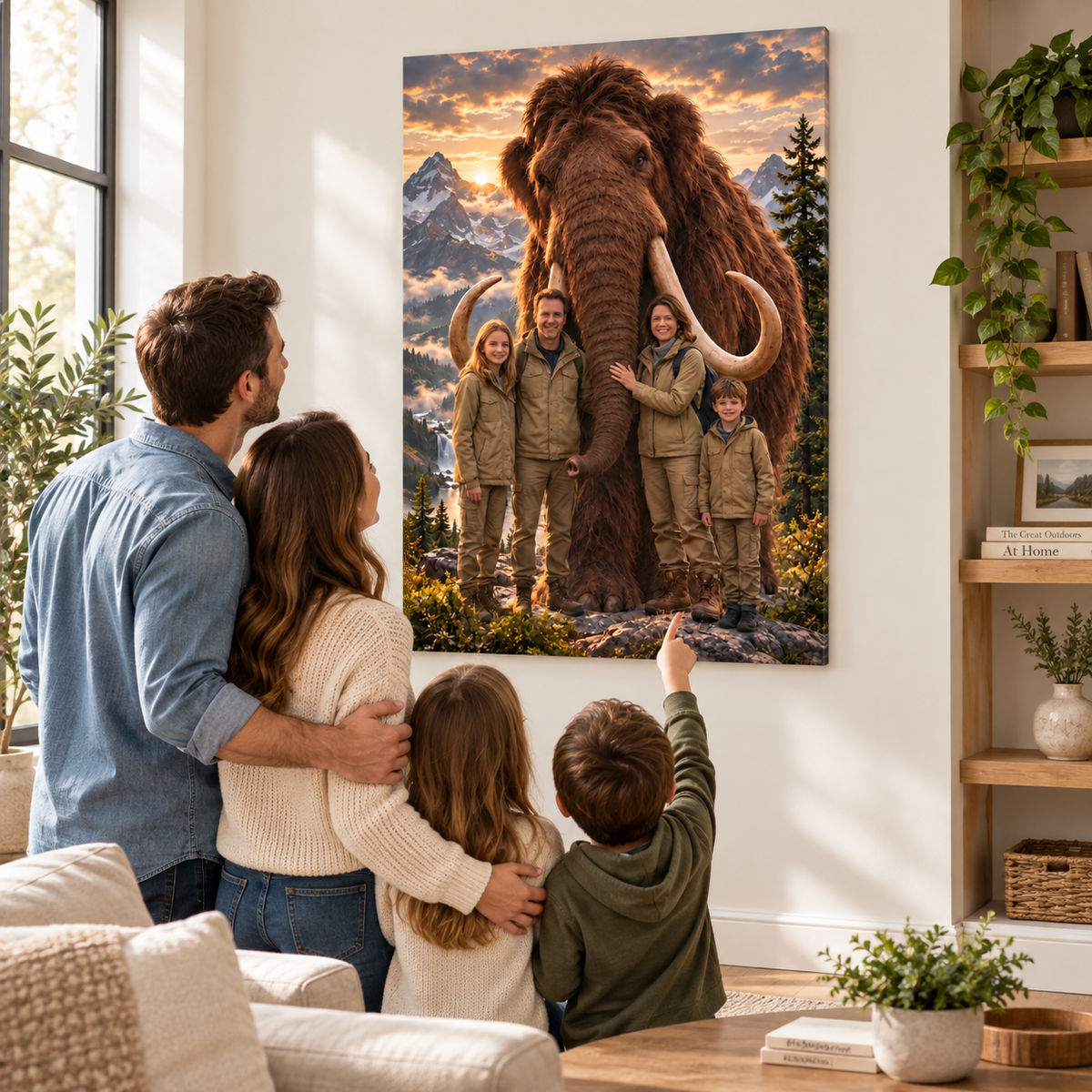 Personalized Adventure Poster – Custom AI Portrait with Woolly Mammoth Companion, Mountain Sunset Outdoor Wall Art Gift for Family & Kids