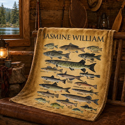 Personalized Vintage Fish Species Chart Blanket, Custom Name Fishing Throw Blanket Gift for Fisherman