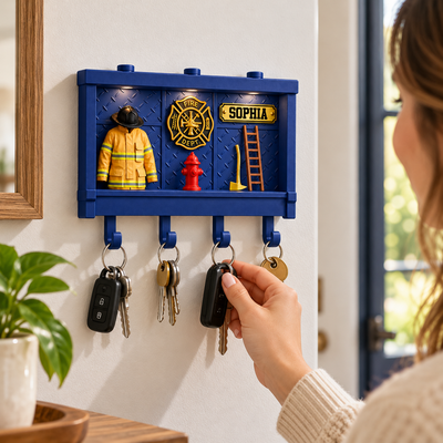 Personalized Firefighter Key Holder, 3D Printed Firefighter Shadow Box with Custom Name and LED Lights, Unique Christmas Gift for Firefighters