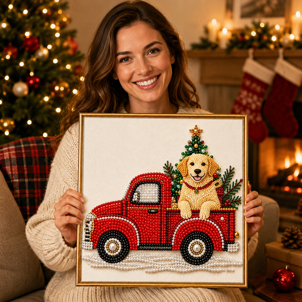Pet Pearl Art DIY Kit – Custom Pet Photo Red Truck Design, Christmas Holiday Decor Gift for Pet Lovers