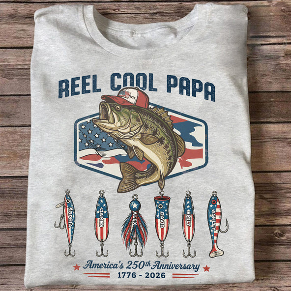 Reel Cool Dad Grandpa Custom Kid Names - Personalized Shirt - American 250th Anniversary Gift For Patriotics